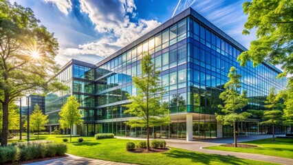 Obraz premium Modern glass-fronted office building rises behind lush green trees, symbolizing harmony between nature and industry, conveying financial prosperity and corporate achievement.