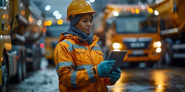 Worker checking truck data using a tablet