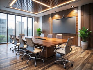 Modern conference room with sleek wooden table, chairs, and blank screen on wall, awaiting important business presentations and collaboration.