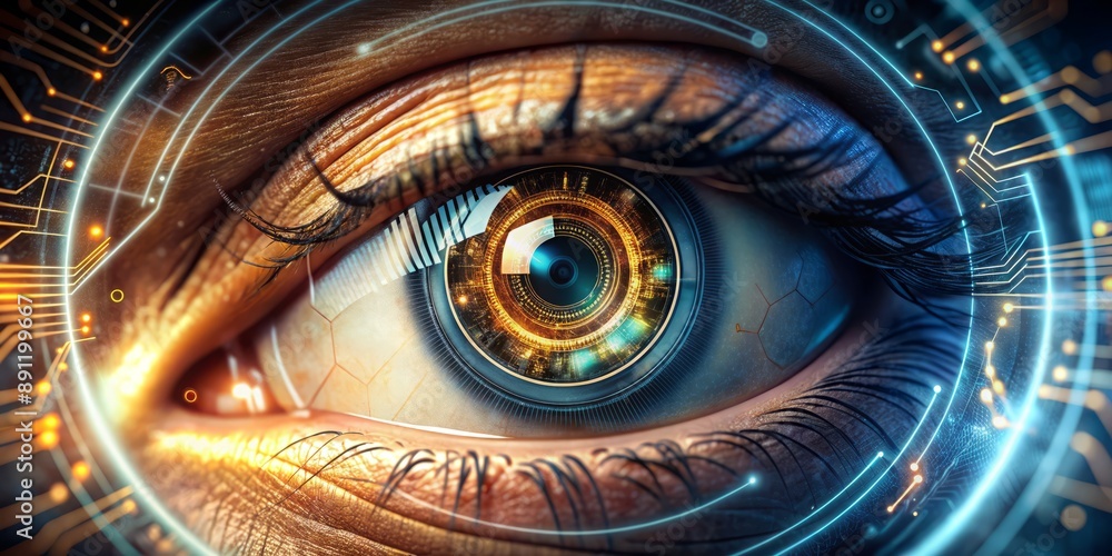 Poster intricate mechanical details of a futuristic cyborg eye, featuring a glowing digital iris with circu