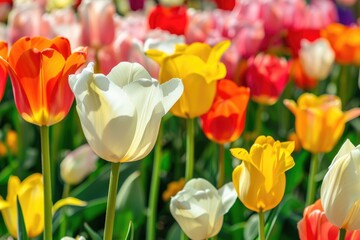 Fototapeta premium A close-up view of vibrant tulips in various colors, including orange, red, yellow, and white, growing in a field during the springtime