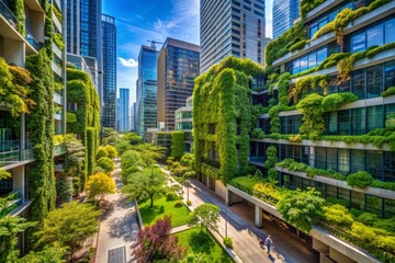Fototapeta premium Vibrant greenery punctuates urban landscape, with lush trees, vines, and shrubs thriving amidst modern architecture, bringing serenity to bustling city streets and alleys.
