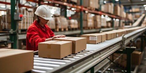 Female warehouse worker checking parcels on conveyor belt in warehouse. This is a freight transportation and distribution warehouse. Industrial and industrial workers concept