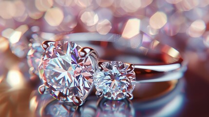 Fototapeta premium A beautiful diamond ring sparkles on a shiny material background.