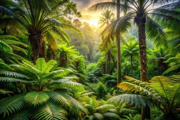 Obraz premium Vibrant jungle landscape overflowing with lush green leaves, exotic ferns, and towering trees, evoking a sense of serenity and tranquility in a pristine natural setting.