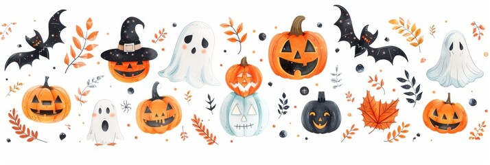 Fototapeta premium Vibrant Collection of Rhinestone Halloween Stickers Featuring Glittery Pumpkins, Bats, and Spiders on a Stark White Background
