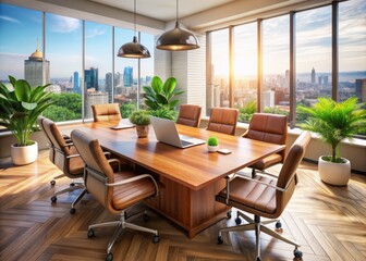 Fototapeta premium Polished wooden conference table with leather chairs, plants, and modern laptops, surrounded by a bright, airy office with a cityscape view, conveying professional camaraderie.