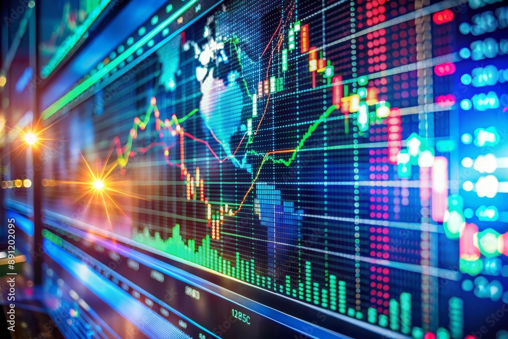 Poster futuristic screen displays dynamic stock market charts and graphs of abstract index, illuminated wit