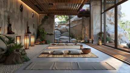 Zen-inspired garage sanctuary with a meditation room, yoga space, and natural elements