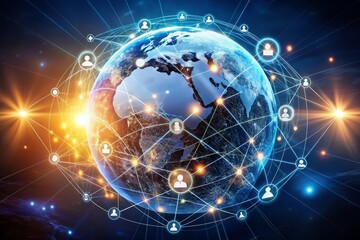 Obraz premium Global business network sphere with glowing connections and digital Marketing strategy icons orbiting around, symbolizing innovative and creative solutions for business development.