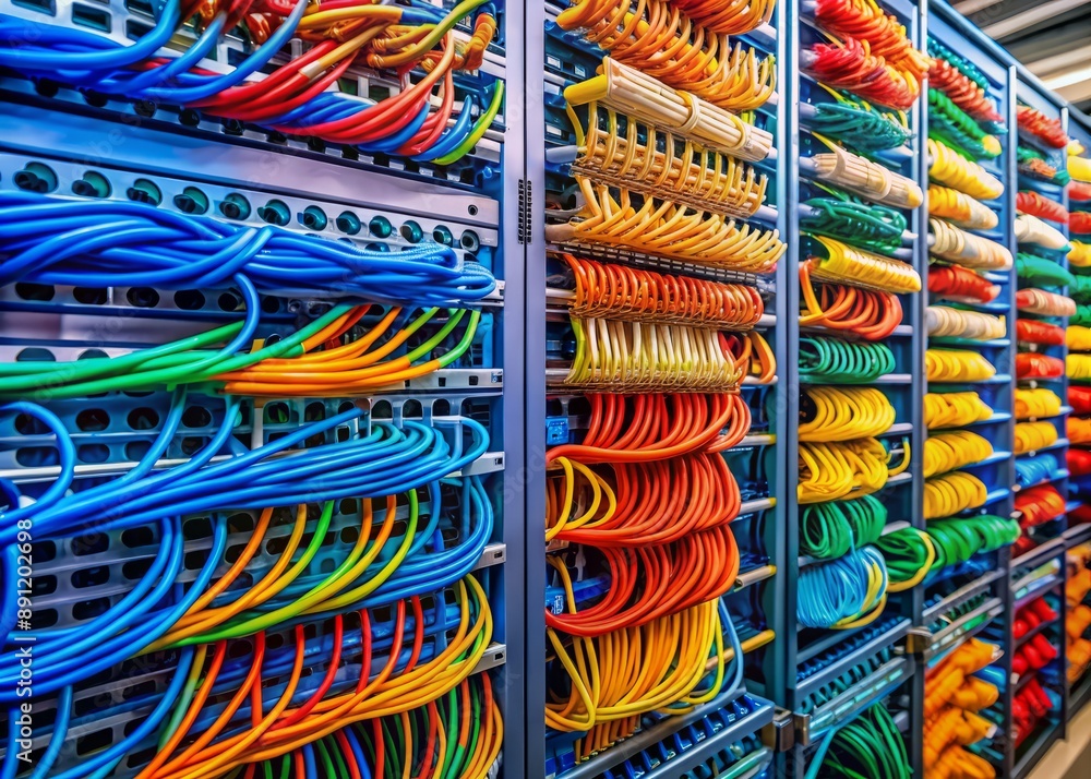 Poster colorful cables and wires intertwine on a modern server room rack, transmitting data securely throug