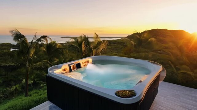 A sleek and modern home with floortoceiling windows and a private hot tub on a tranquil island.