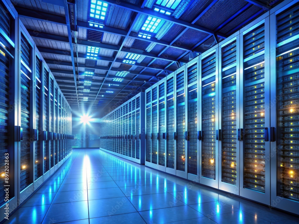 Poster rows of sleek servers and towering data racks illuminated by soft blue light fill a modern climate-c