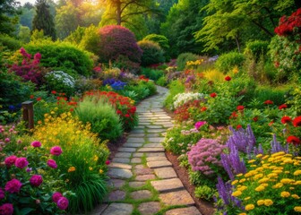 Serene and tranquil atmosphere surrounds a winding stone path as it disappears into a vibrant tapestry of lush greenery and blooming colorful flowers.