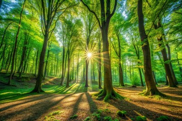 Vibrant green trees with lush foliage filter warm sunlight, casting dappled shadows on the forest floor, creating a serene and peaceful natural ambiance.