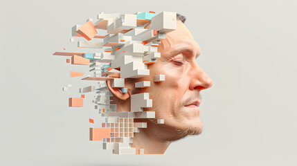 Abstract portrait illustration art of a senior beard man with fragmented 3D geometric shapes. Concepts of deep emotion and state of mind. Self expression of thought, personality, and human experience.