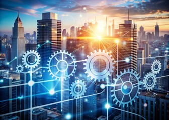 Fototapeta premium Abstract futuristic illustration of interconnected gears, circuits, and arrows blending into a blurred cityscape, symbolizing corporate strategy, innovation, and technological advancement.