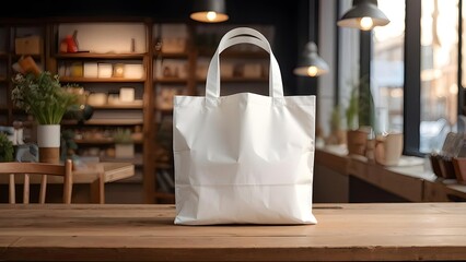 Minimalist white shopping tote on rustic wooden table in cozy store, eco-friendly branding. Generative AI