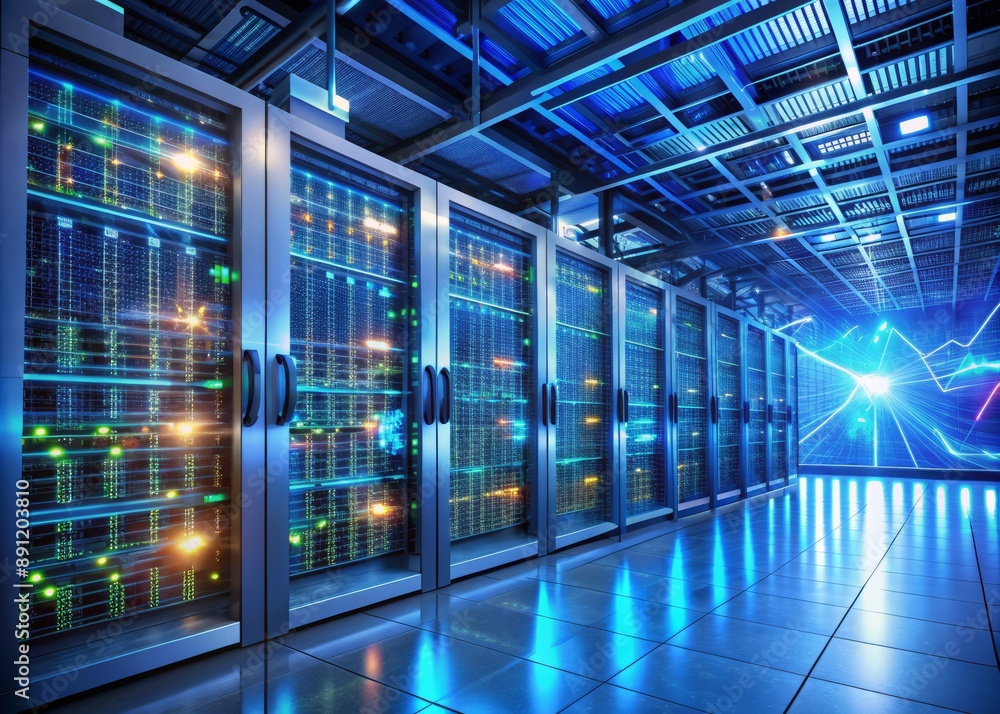 Poster modern data center filled with rows of humming servers and cables, illuminated by soft blue light, d