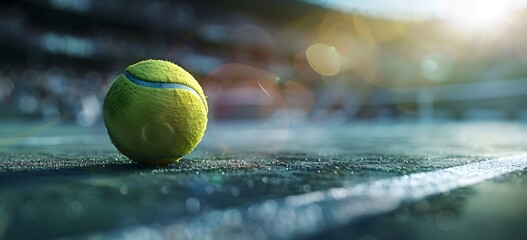 Tennis ball on the tennis court with a blurred stadium background as A banner with space for copy, text, or design