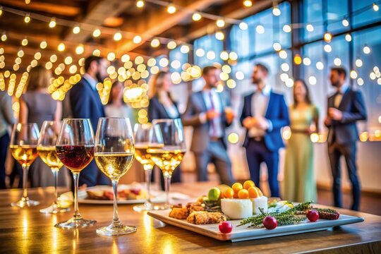 Vibrant atmosphere at corporate celebration, blurred lights and decorations, wine glasses and appetizers on tables, capturing the essence of office party joy and revelry.