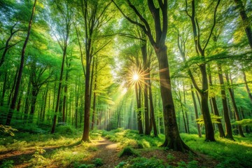Fototapeta premium Vibrant green foliage of a dense forest frames a serene clearing, bathing in warm sunlight, with lush trees and foliage, evoking a sense of peaceful harmony.