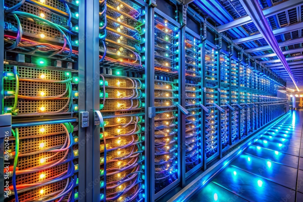 Poster a tidy server room filled with rows of humming servers, illuminated by soft led lights, with bundles