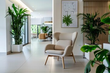 Fototapeta premium An artistic chair beside a detailed floor plan in a contemporary space highlights a sophisticated fusion of design elements.