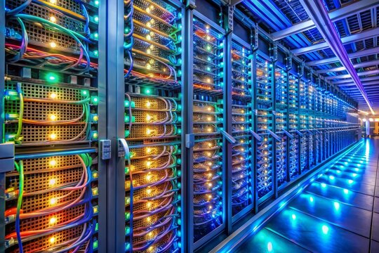 A tidy server room filled with rows of humming servers, illuminated by soft LED lights, with bundles of colorful LAN cables neatly organized and secured.