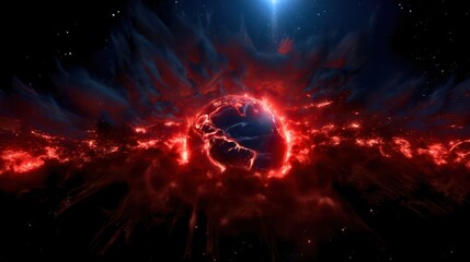 Obraz premium A stunning cosmic scene featuring a vibrant, exploding planet surrounded by fiery red and blue elements in deep space.