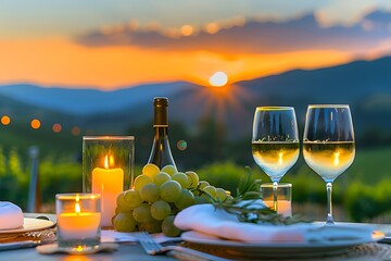 elegant dining table set up outdoors, with candles and wine glasses, against the backdrop of a vineyard at sunset