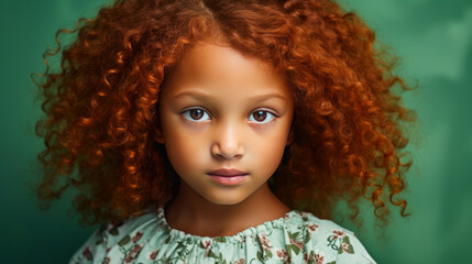 Portrait of smiling cute African American child girl with red hair and perfect skin, light green background, banner.