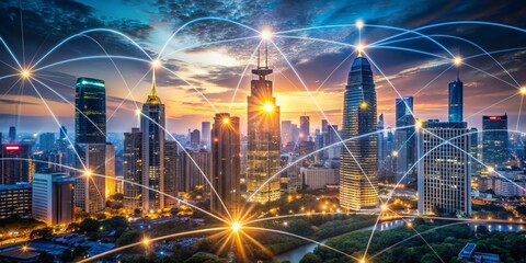 Naklejka premium Futuristic cityscape of interconnected paths weaving a network of innovation, embracing diverse opportunities, as digital silhouettes converge in a vibrant web of corporate connection.