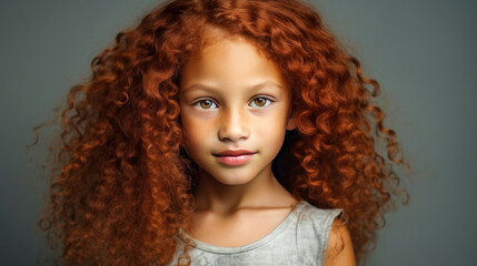 Portrait of smiling cute African American child girl with red hair and perfect skin, gray background, banner.