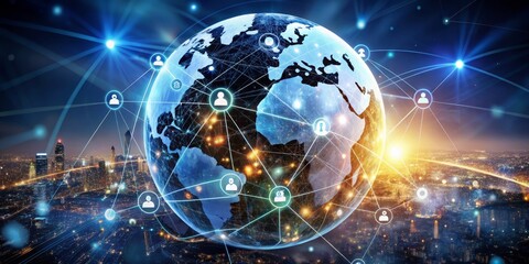 Obraz premium A futuristic globe with glowing network connections and digital marketing symbols surrounds a creative strategy hub, representing innovative business development solutions.