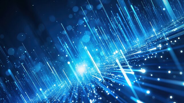 Vibrant blue light beams radiate through a dark background, creating a dynamic and energetic visual effect ideal for tech themes.