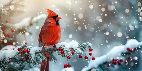 A Red cardinal bird in a  winter setting
