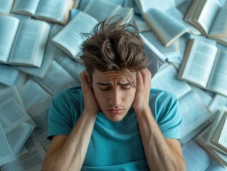 A stressed student surrounded by open books, covering his ears in frustration, depicts the challenges of study overload and academic pressure.