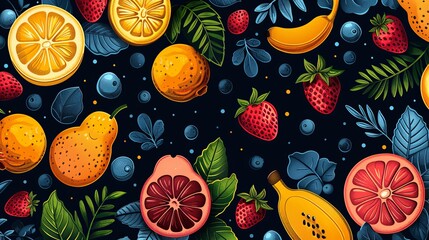 vector, illustration, flat, Background fruits and green leaves nature. Abstract geometric seamless pattern. Decorative ornament in flat design style. Ripe harvest banner. Floral backdrop. Organic vege