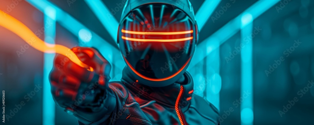 Poster a futuristic cyborg with glowing visor holds a glowing object in a neon-lit environment.