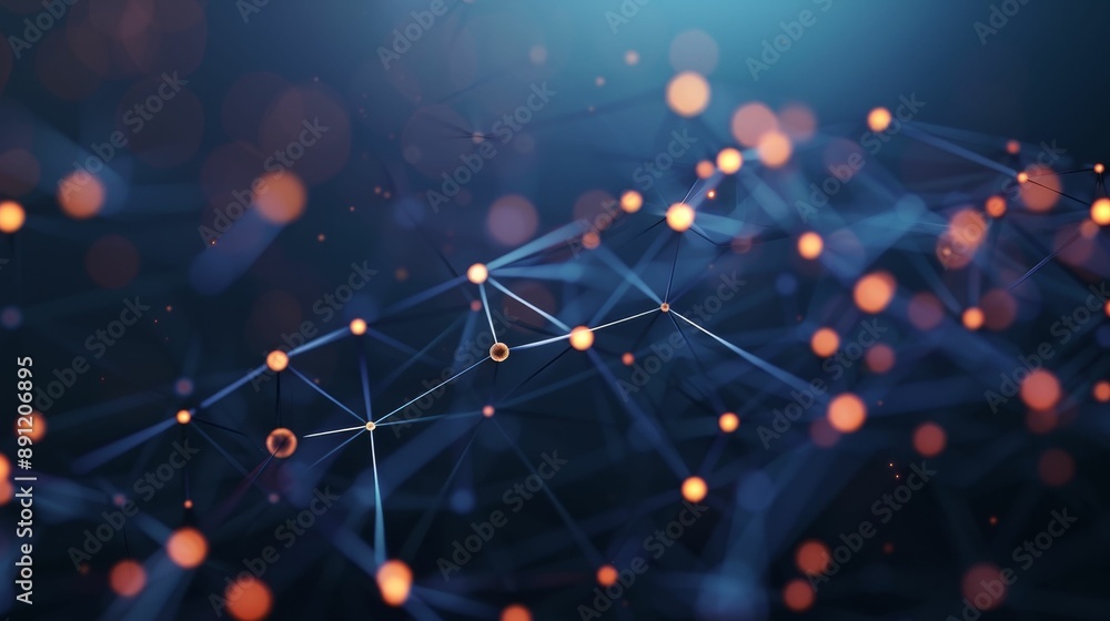 Poster abstract digital network with glowing nodes and connections on a dark blue background.