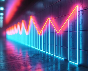 Neon glowing lines forming a graph in a dark urban setting. The graph indicates upward trend, symbolizing growth, success, and progress.