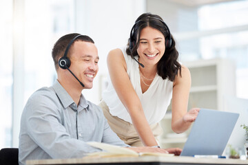 Business people, call center and laptop with customer service, tech support and advice in office....