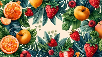 vector, illustration, flat, Background fruits and green leaves nature. Abstract geometric seamless pattern. Decorative ornament in flat design style. Ripe harvest banner. Floral backdrop. Organic vege