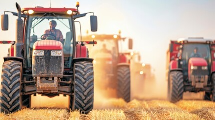 Three tractors in a field during harvest season, working under a clear sky, capturing the essence of modern agriculture and farming machinery.
