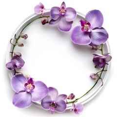 Purple orchid flowers in a white circle frame. Blank space for text, and copy-paste. The Template is ready to use. This design is suitable for greeting and invitation cards.