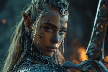 Cinematic Elf Warrior Woman in Armor Artwork Generative Illustration