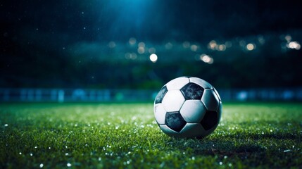 Naklejka premium A soccer ball on a grassy field under bright stadium lights, representing a night game atmosphere. Perfect for sports-related content.