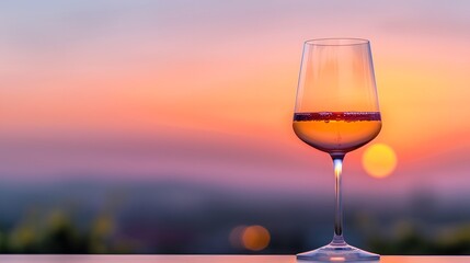 A glass of wine on the table against sunset sky background