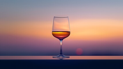 A glass of wine against the backdrop of sunset, with a blurred background.